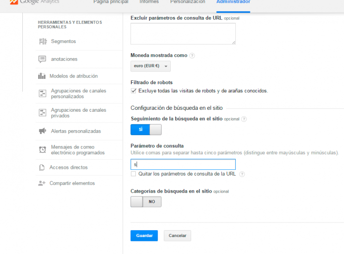 Configuración de los parámetros de búsqueda en Analytics