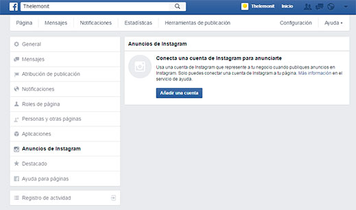 Página de Facebook Sincronizar Facebook con Instagram